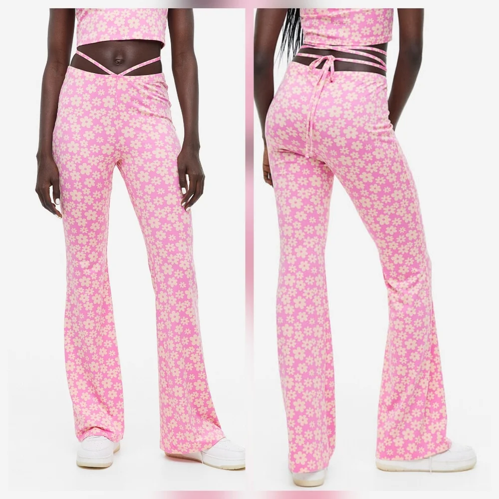 H&M Divided Floral Flare Pants Tie Detail Size Medium NWT - Picture 1 of 6